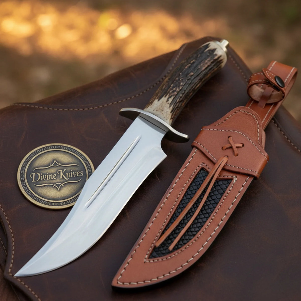 Antler D2 Steel Western Bowie Knife with Natural Antler Handle by Divine Knives