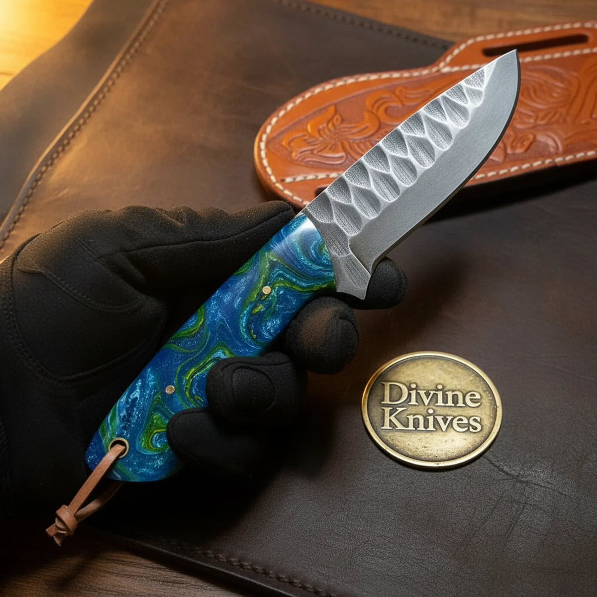 Blue-Green Marbled Damascus Skinner Knife With Leather Lanyard by Divine Knives