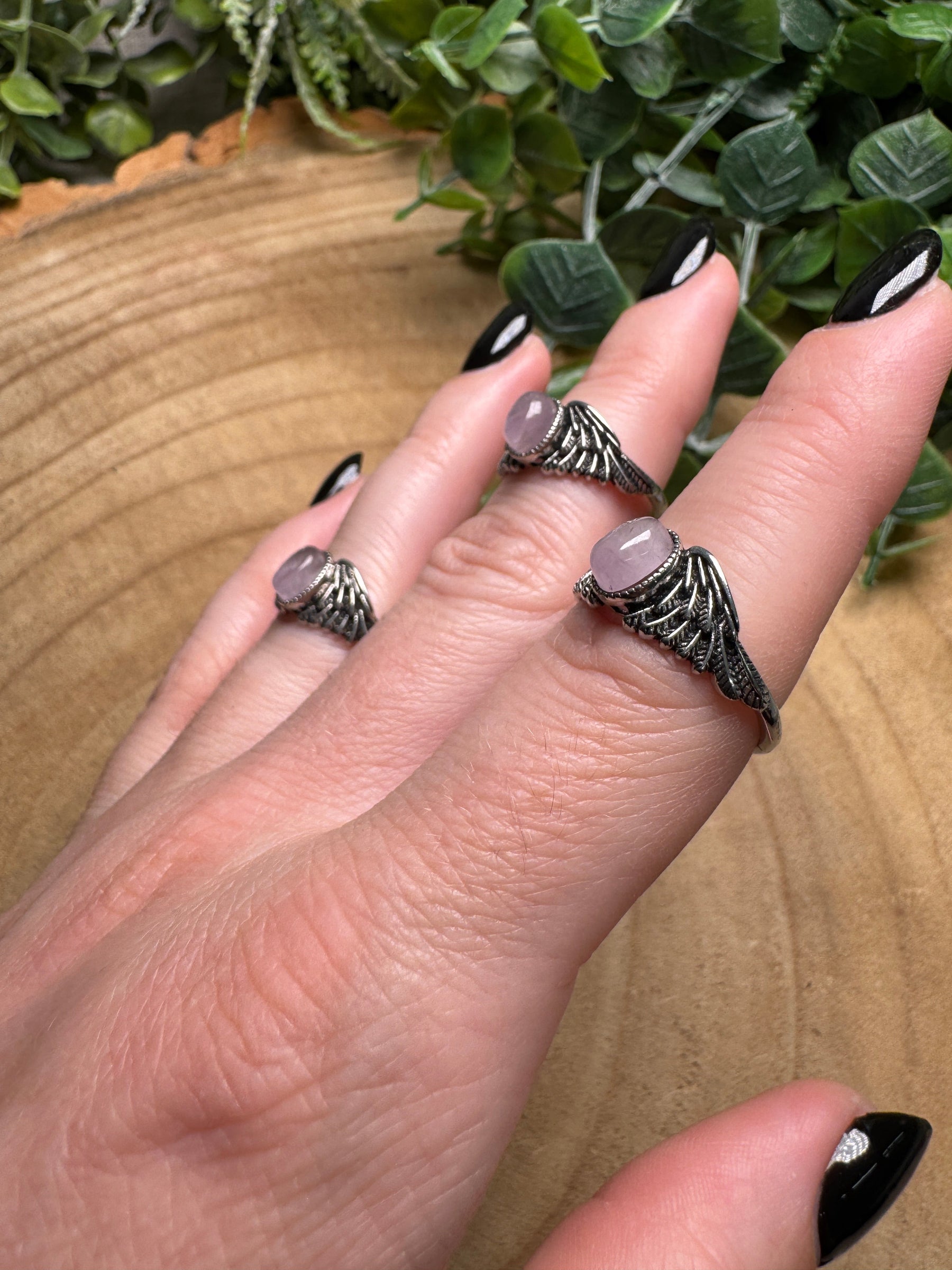 Rose Quartz Angel Wing Ring Adjustable