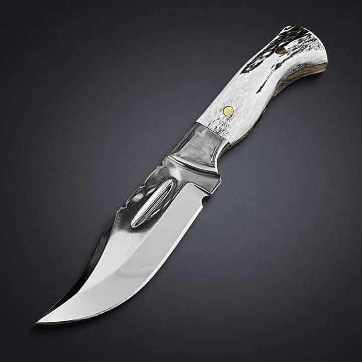 Mirror Polish Gut Hook Skinner Knife with Stag Handle and Brass Pins