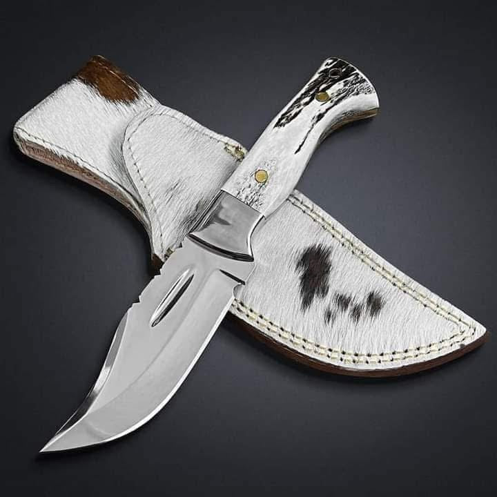 Mirror Polish Gut Hook Skinner Knife with Stag Handle and Brass Pins
