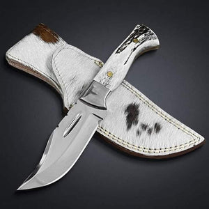 Mirror Polish Gut Hook Skinner Knife with Stag Handle and Brass Pins