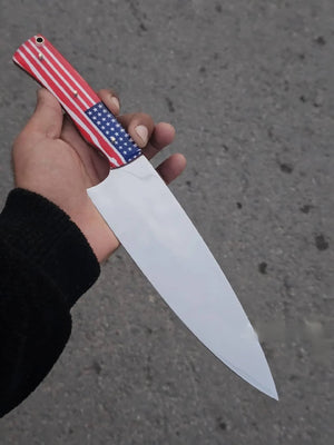 American Flag Handle Chef Knife with Wide Cutting Blade for Patriotic Kitchens