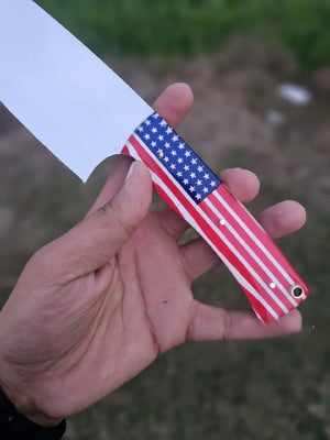 American Flag Handle Chef Knife with Wide Cutting Blade for Patriotic Kitchens