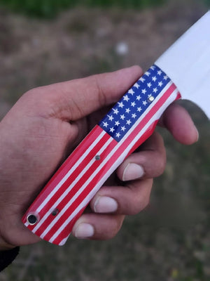 American Flag Handle Chef Knife with Wide Cutting Blade for Patriotic Kitchens