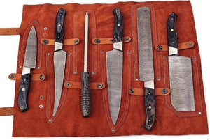 6-Piece Chef Knife Set with Sharpening Rod and Leather Roll Case