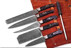 6-Piece Chef Knife Set with Sharpening Rod and Leather Roll Case