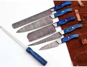 6-Piece Blue Handle Chef Knife Set with Sharpening Rod