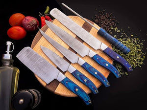 6-Piece Blue Handle Chef Knife Set with Sharpening Rod