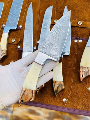 Bone Handle Caping Knife Set with Tooled Leather Roll Case