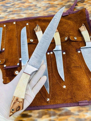Bone Handle Caping Knife Set with Tooled Leather Roll Case
