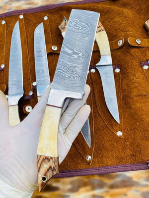 Bone Handle Caping Knife Set with Tooled Leather Roll Case