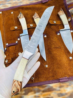 Bone Handle Caping Knife Set with Tooled Leather Roll Case
