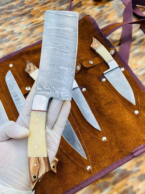 Bone Handle Caping Knife Set with Tooled Leather Roll Case
