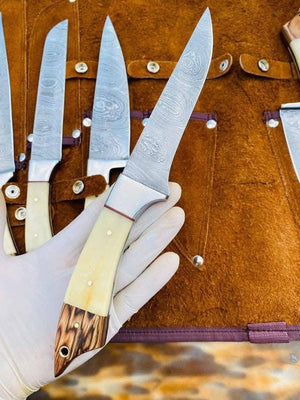 Bone Handle Caping Knife Set with Tooled Leather Roll Case