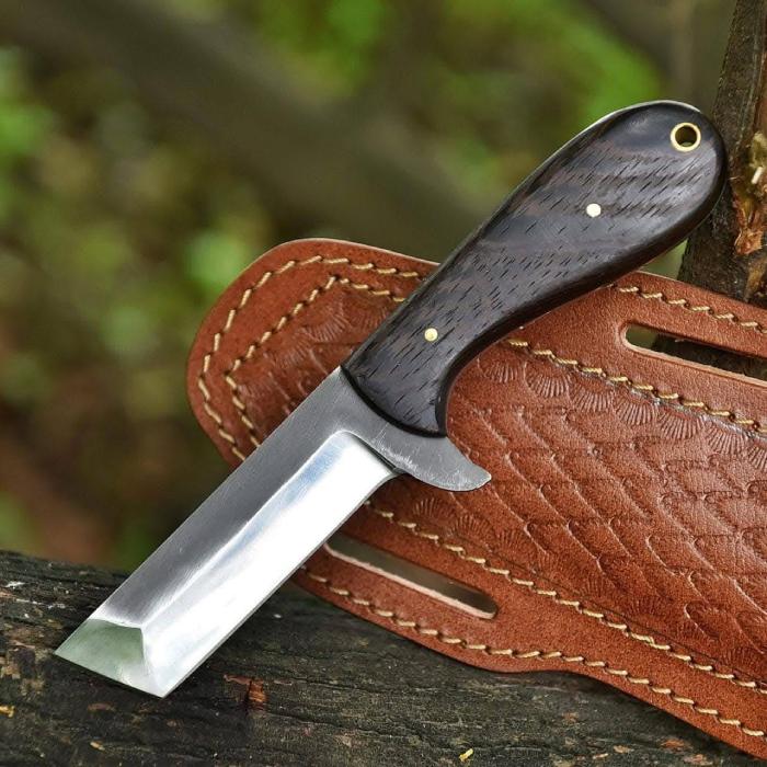 Tanto Style Utility Knife with Wood Handle and Flared Steel Guard