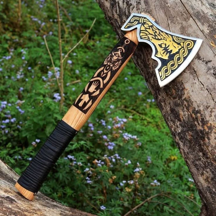 Wolf Carved Viking Axe with Gold Etched Norse Blade Design