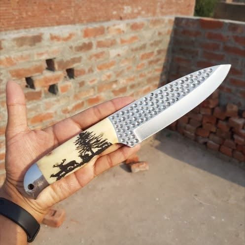 Textured Blade Hunting Knife with Engraved Bone Handle