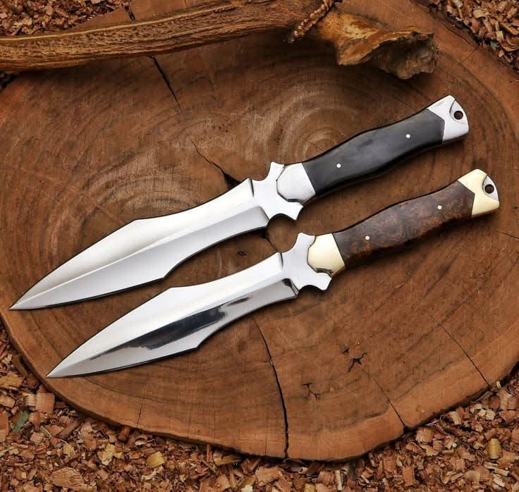 Twin Spear Point Dagger Set with Burl Wood and Horn Guard Handles