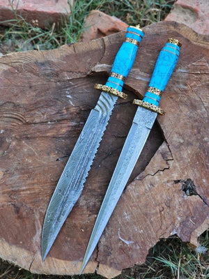 Turquoise Handle Damascus Dagger Set with Brass Bolsters