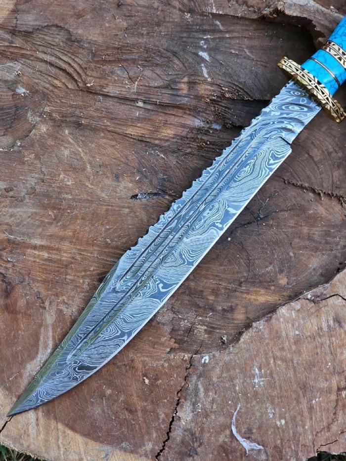 Turquoise Handle Damascus Dagger Set with Brass Bolsters