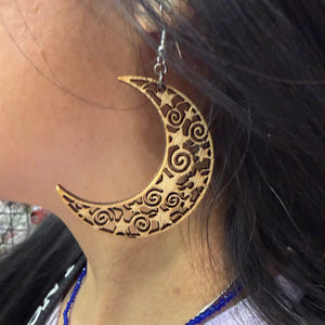 Crescent Moon Wooden Dangle Earrings | Celestial Filigree Jewelry