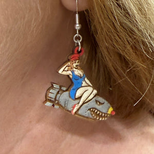 Pin-Up Bomber Girl Wooden Dangle Earrings | Retro Pin-Up Jewelry