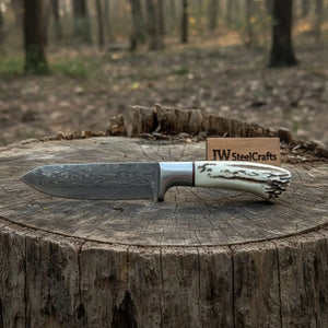 Handmade Damascus Skinner Knife with Synthetic Stag Handle | Full Tang Drop Point Blade