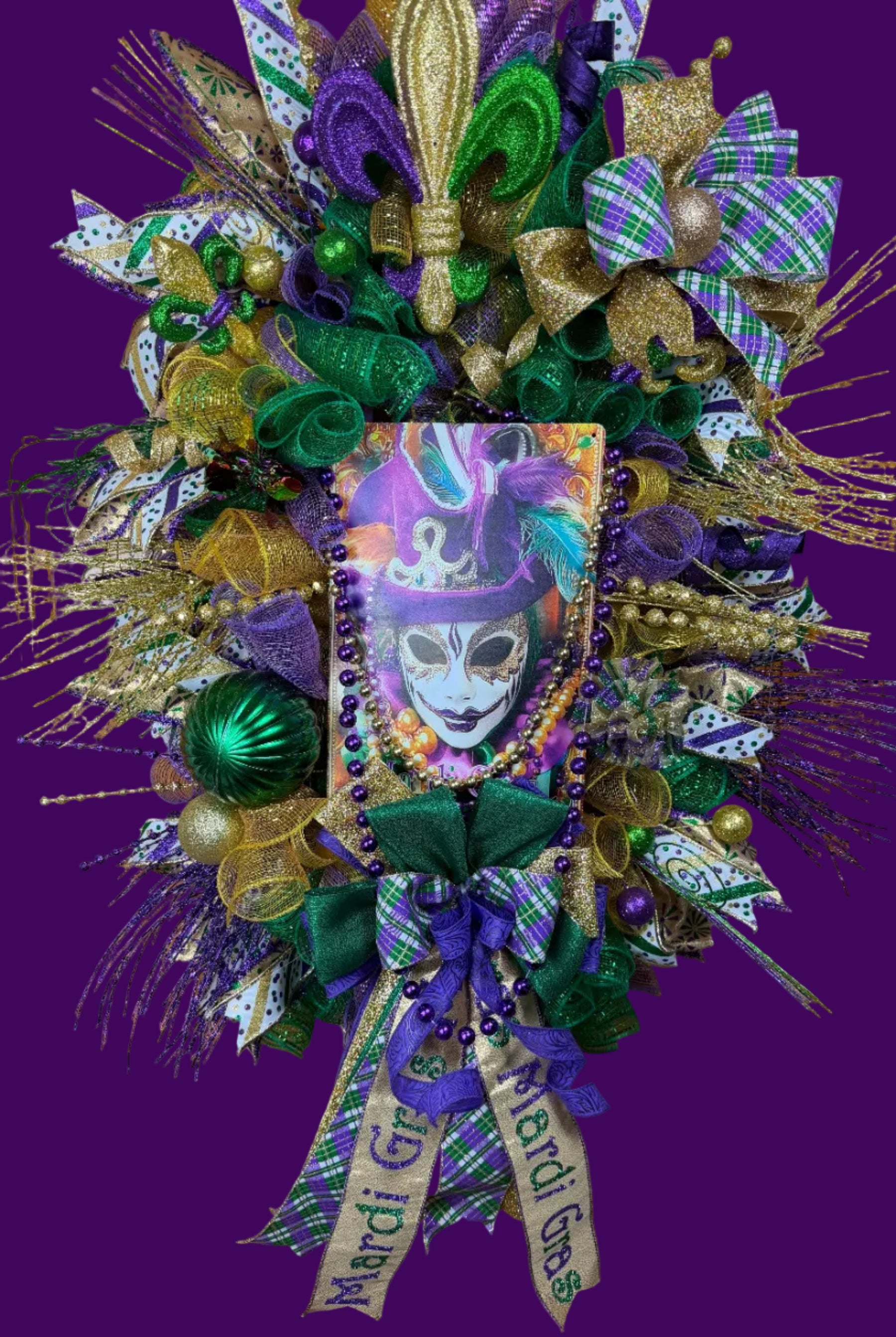 Luxury Mardi Gras Wreath | Purple Green Gold Front Door Wreath | Fat Tuesday Decor | Fleur De Lis Carnival Door Hanger