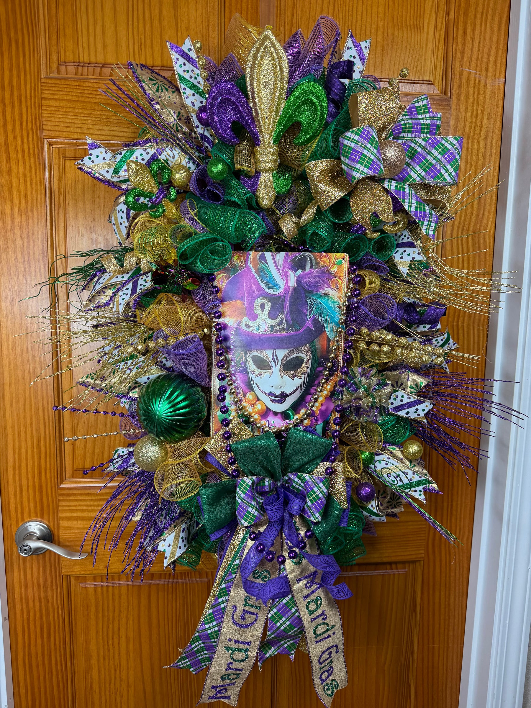Luxury Mardi Gras Wreath | Purple Green Gold Front Door Wreath | Fat Tuesday Decor | Fleur De Lis Carnival Door Hanger