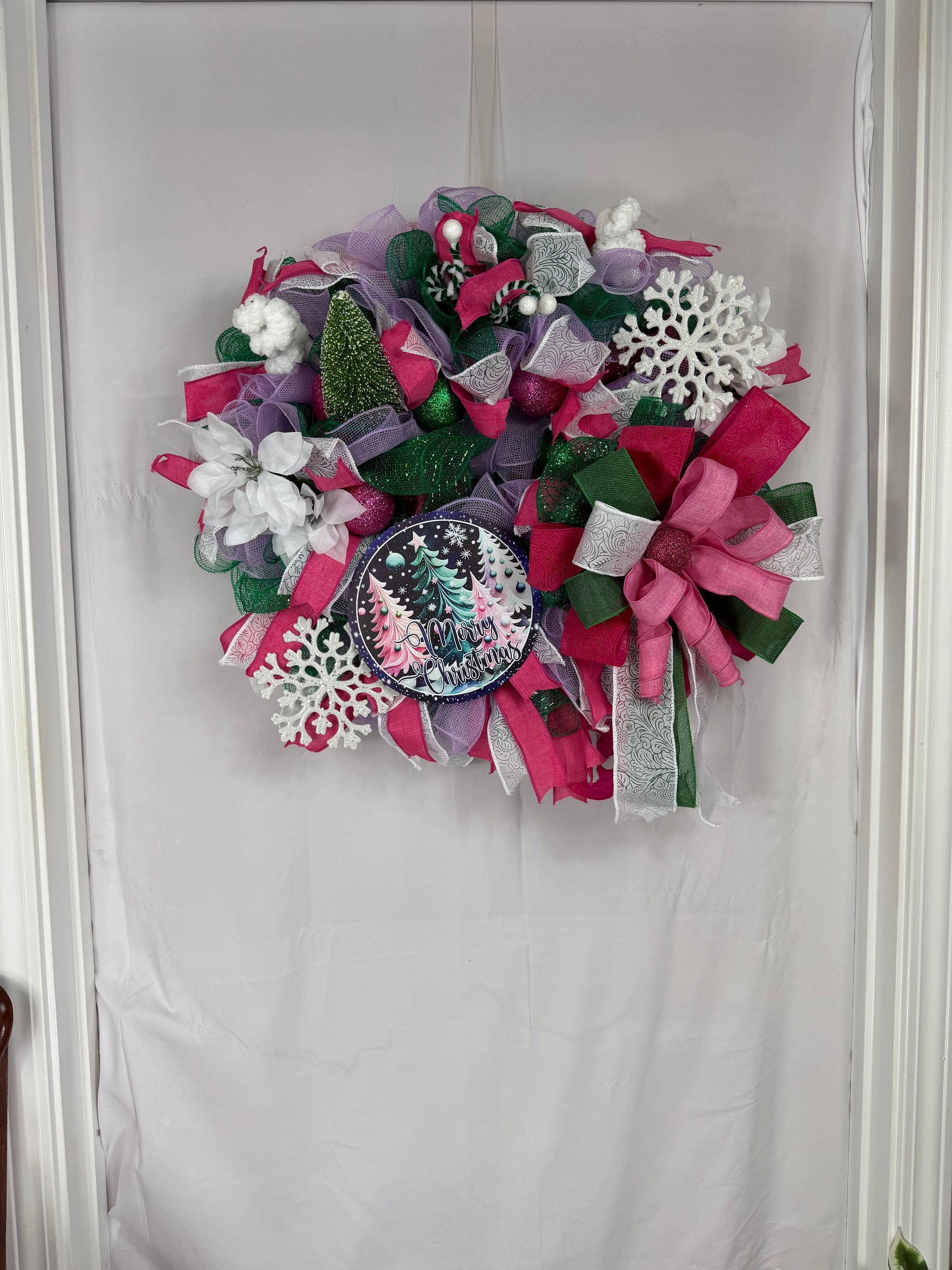Pink & Purple Christmas Wreath | Whimsical Merry Christmas Front Door Wreath | Handmade Holiday Mesh Door Decor | Winter Snowflake Wreath