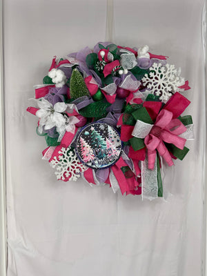 Pink & Purple Christmas Wreath | Whimsical Merry Christmas Front Door Wreath | Handmade Holiday Mesh Door Decor | Winter Snowflake Wreath