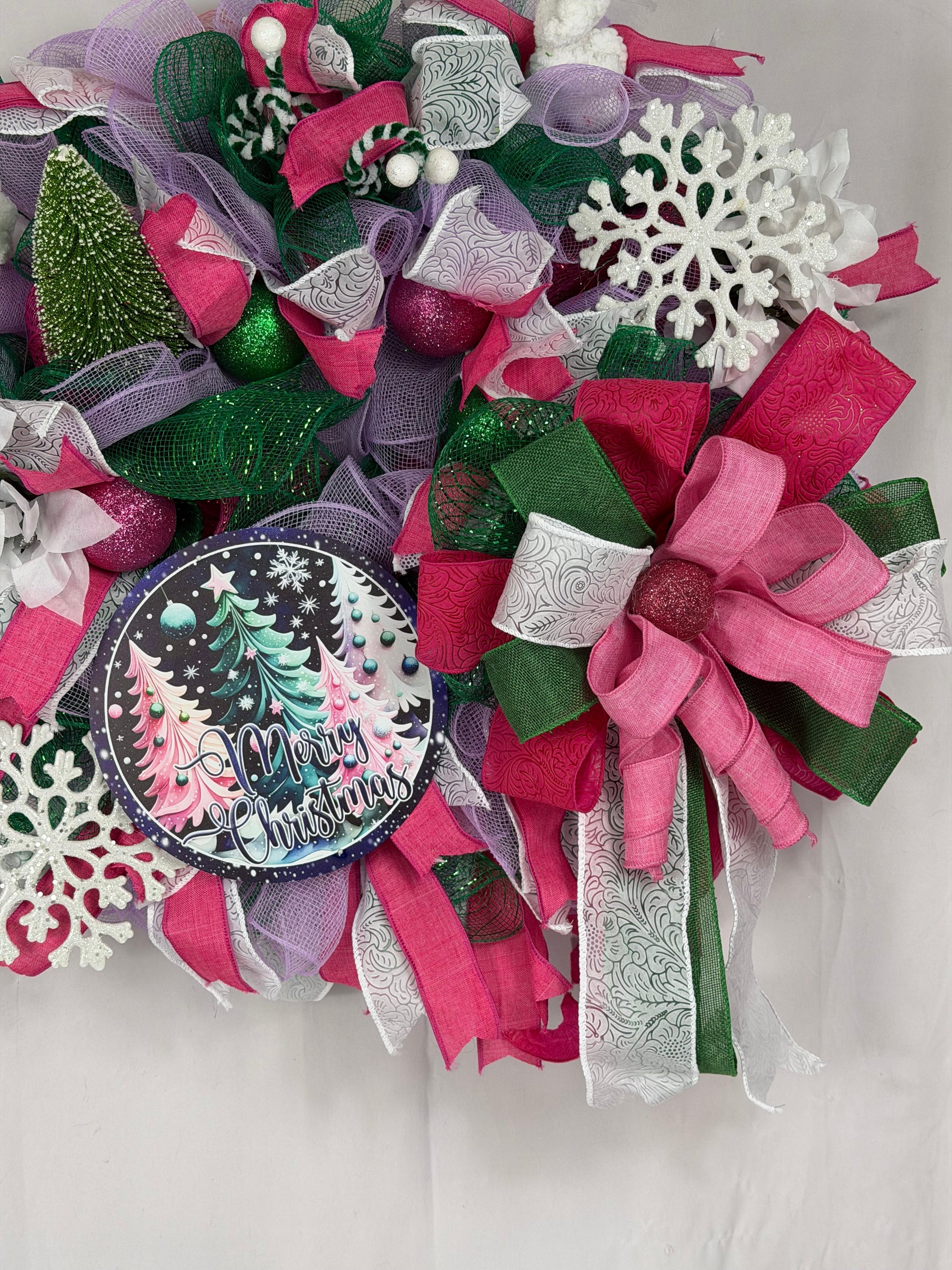 Pink & Purple Christmas Wreath | Whimsical Merry Christmas Front Door Wreath | Handmade Holiday Mesh Door Decor | Winter Snowflake Wreath