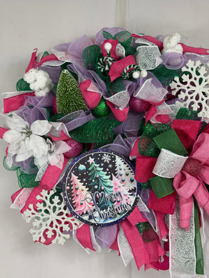 Pink & Purple Christmas Wreath | Whimsical Merry Christmas Front Door Wreath | Handmade Holiday Mesh Door Decor | Winter Snowflake Wreath