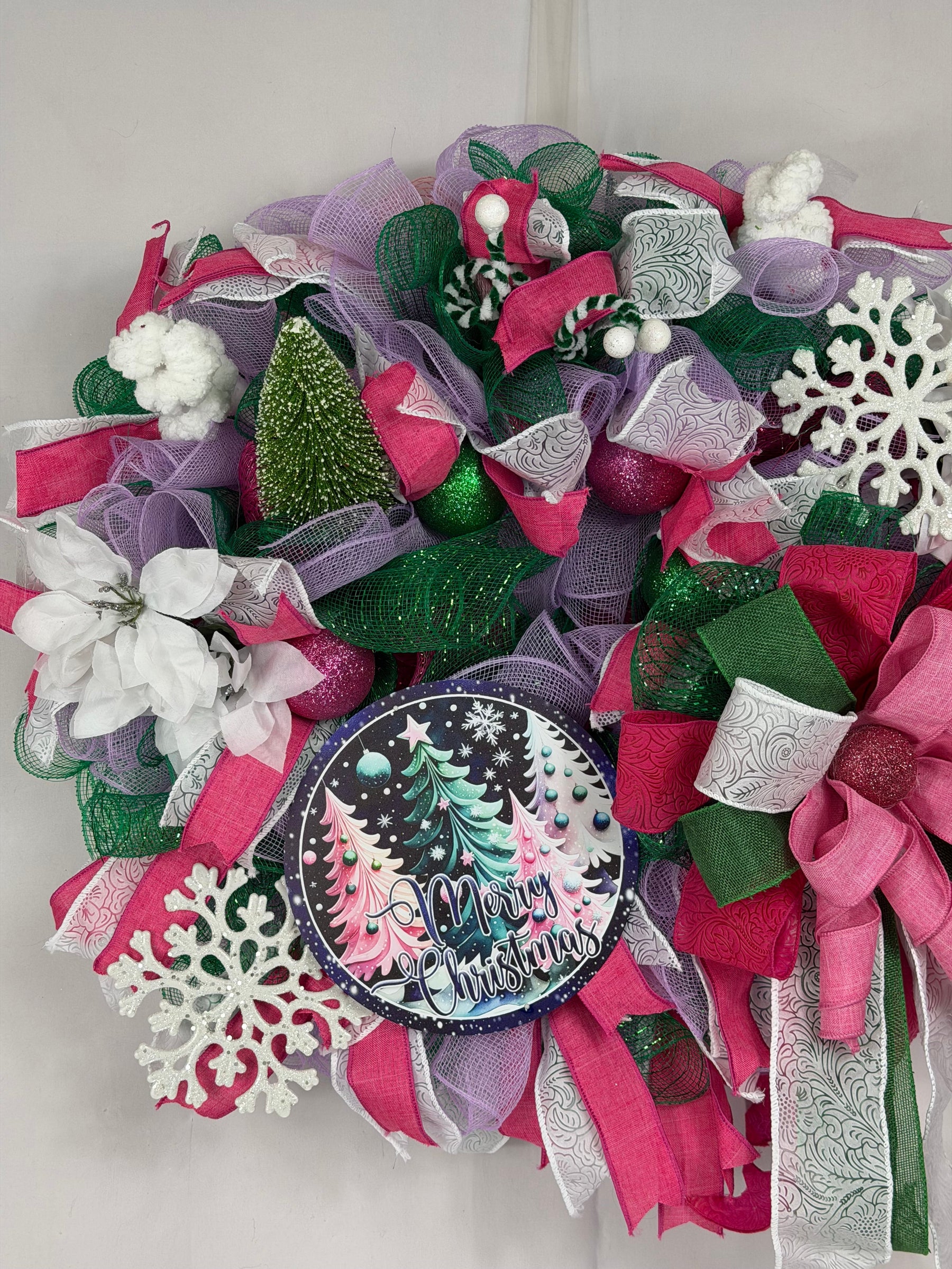 Pink & Purple Christmas Wreath | Whimsical Merry Christmas Front Door Wreath | Handmade Holiday Mesh Door Decor | Winter Snowflake Wreath