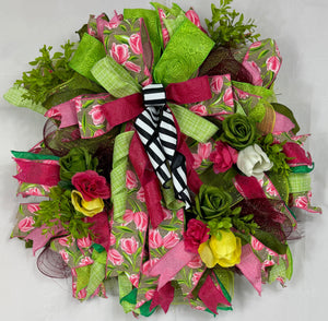 Pink Tulip Spring Wreath | Handmade Floral Front Door Wreath | Farmhouse Garden Door Hanger | Everyday Spring Home Decor