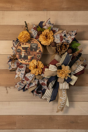Coffee Lover's Wreath | Handmade Coffee Time Front Door Wreath | Farmhouse Kitchen Decor | Coffee Bar Wreath | Rustic Coffee House Door Decor