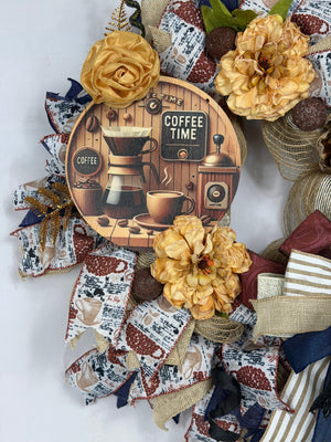 Coffee Lover's Wreath | Handmade Coffee Time Front Door Wreath | Farmhouse Kitchen Decor | Coffee Bar Wreath | Rustic Coffee House Door Decor
