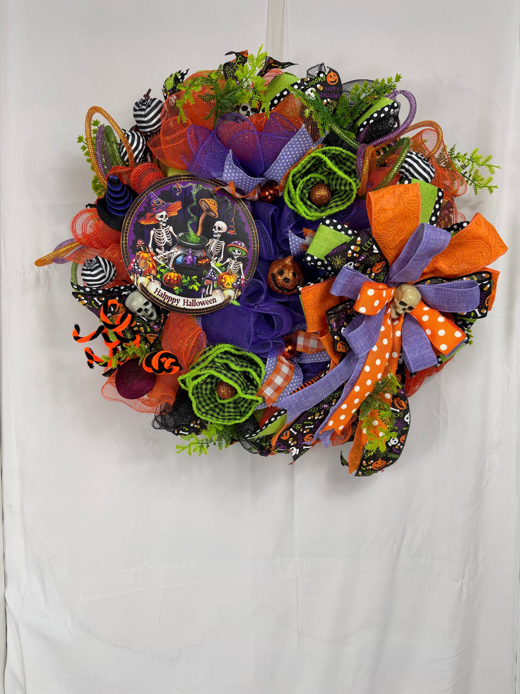 Happy Halloween Skeleton Wreath | Handmade Halloween Front Door Wreath | Spooky Skeleton Family Decor | Orange Purple Mesh Wreath