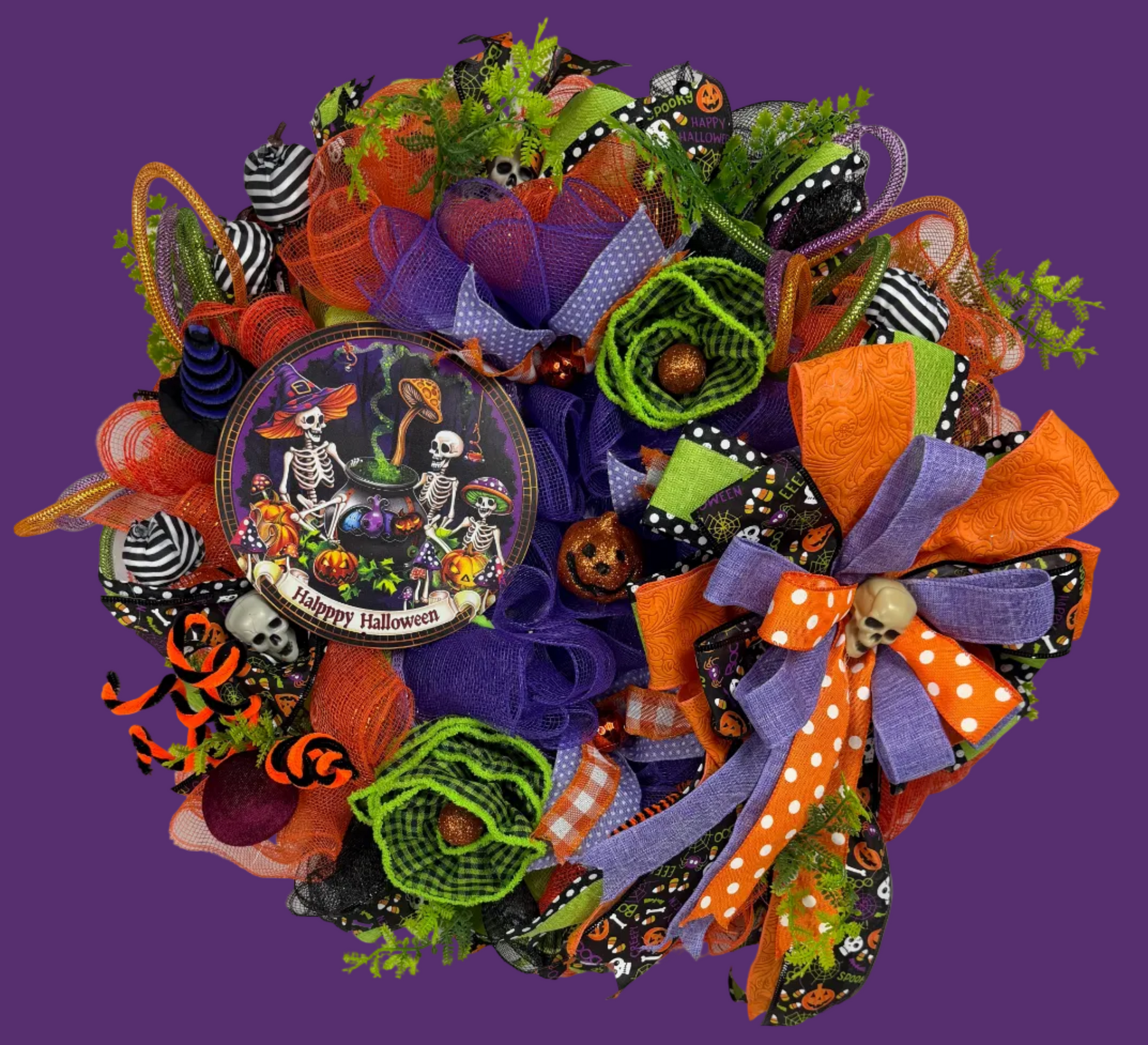 Happy Halloween Skeleton Wreath | Handmade Halloween Front Door Wreath | Spooky Skeleton Family Decor | Orange Purple Mesh Wreath