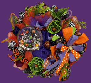 Happy Halloween Skeleton Wreath | Handmade Halloween Front Door Wreath | Spooky Skeleton Family Decor | Orange Purple Mesh Wreath