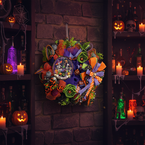 Happy Halloween Skeleton Wreath | Handmade Halloween Front Door Wreath | Spooky Skeleton Family Decor | Orange Purple Mesh Wreath