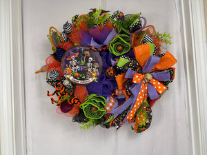Happy Halloween Skeleton Wreath | Handmade Halloween Front Door Wreath | Spooky Skeleton Family Decor | Orange Purple Mesh Wreath