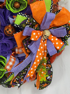 Happy Halloween Skeleton Wreath | Handmade Halloween Front Door Wreath | Spooky Skeleton Family Decor | Orange Purple Mesh Wreath