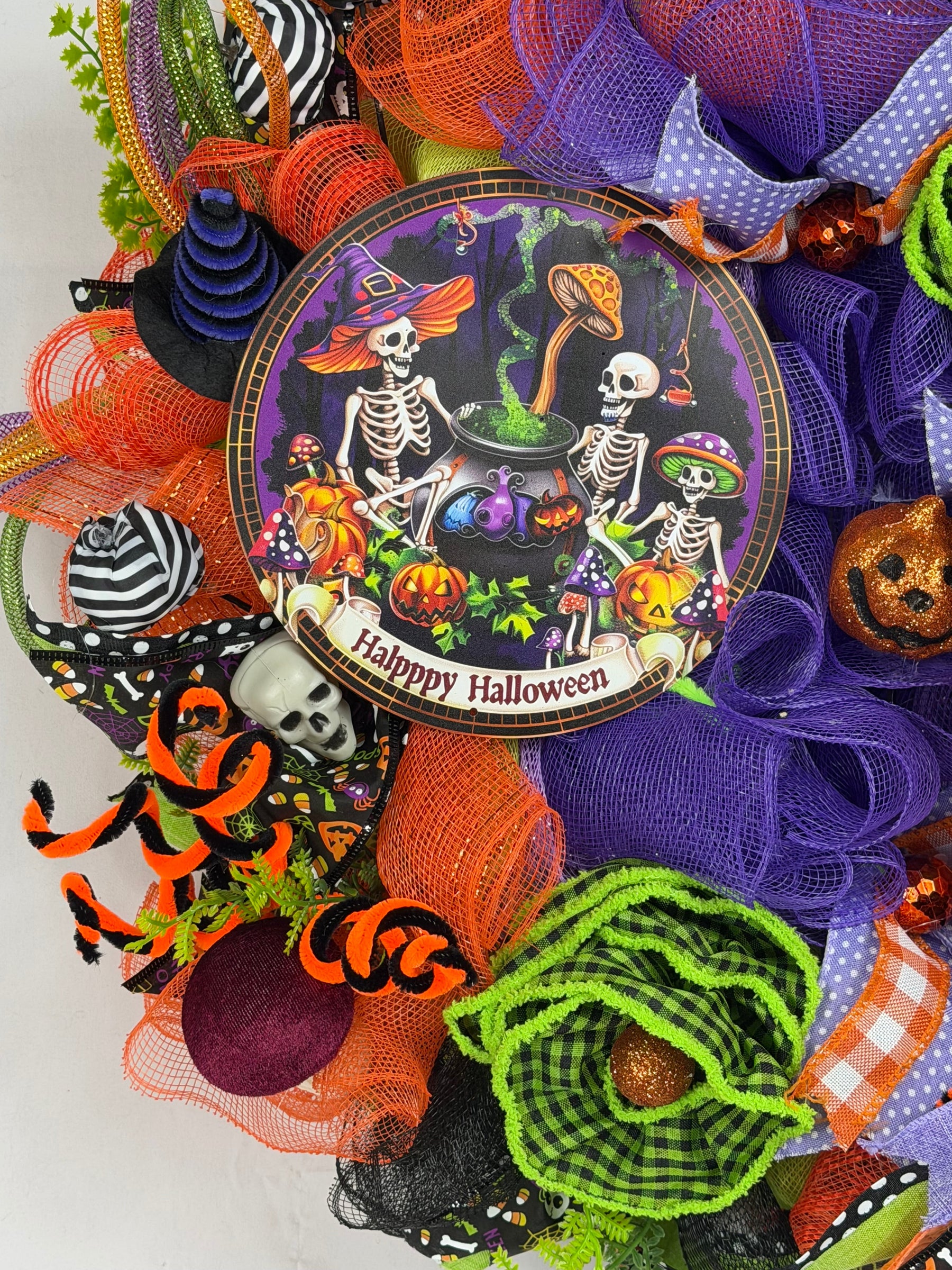 Happy Halloween Skeleton Wreath | Handmade Halloween Front Door Wreath | Spooky Skeleton Family Decor | Orange Purple Mesh Wreath