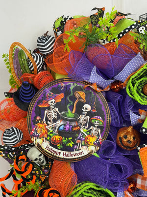 Happy Halloween Skeleton Wreath | Handmade Halloween Front Door Wreath | Spooky Skeleton Family Decor | Orange Purple Mesh Wreath