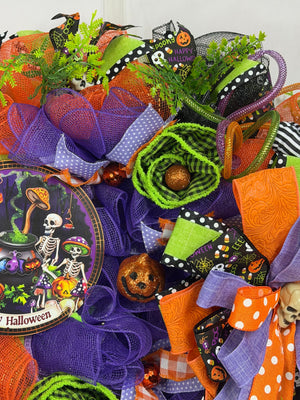 Happy Halloween Skeleton Wreath | Handmade Halloween Front Door Wreath | Spooky Skeleton Family Decor | Orange Purple Mesh Wreath