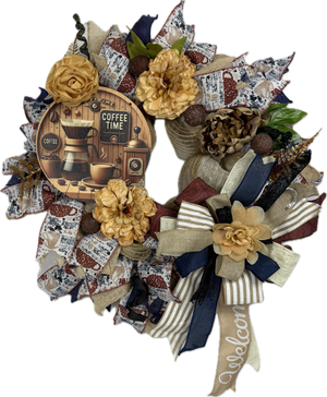 Coffee Lover's Wreath | Handmade Coffee Time Front Door Wreath | Farmhouse Kitchen Decor | Coffee Bar Wreath | Rustic Coffee House Door Decor
