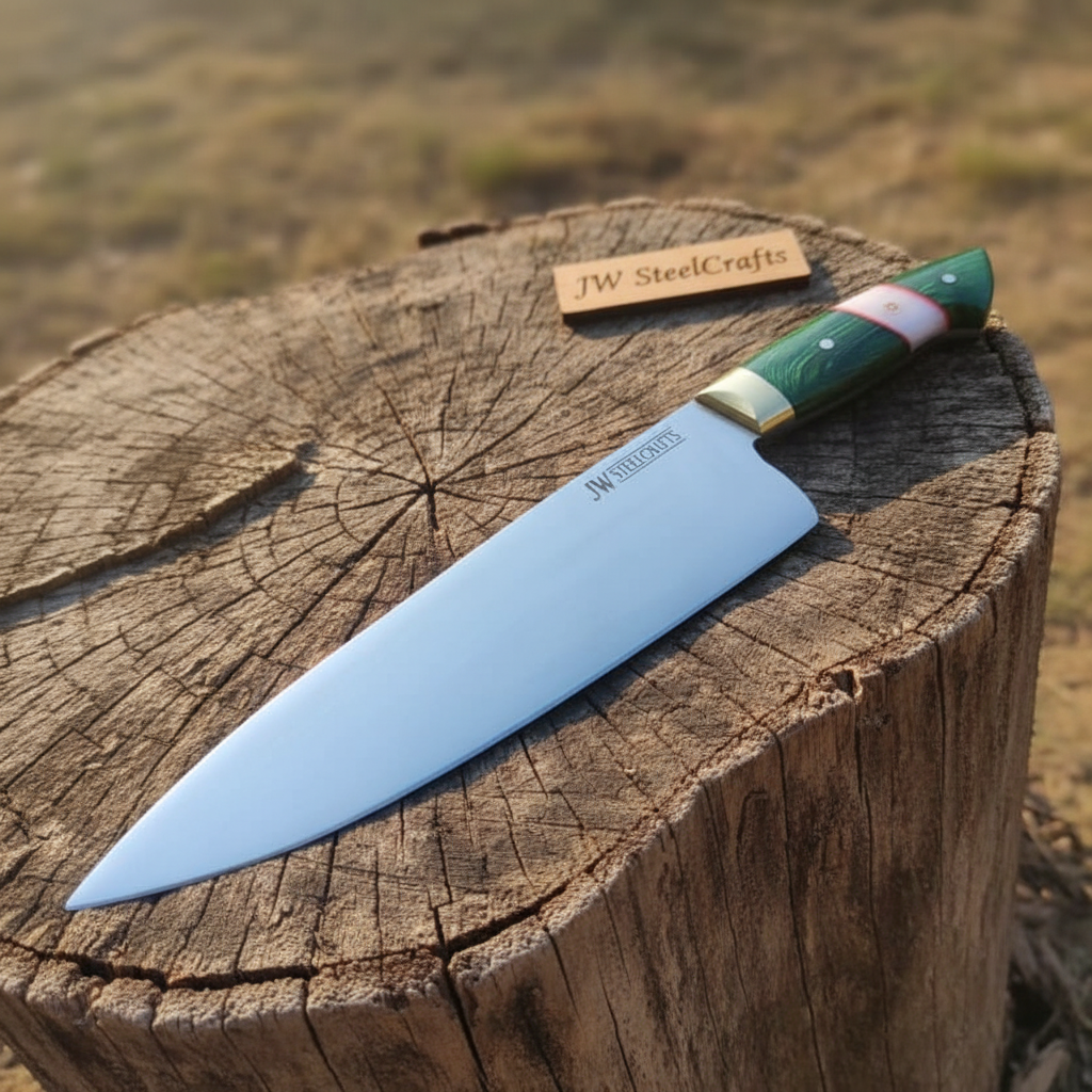 Handmade carbon steel steel knife with premium handle on dark surface