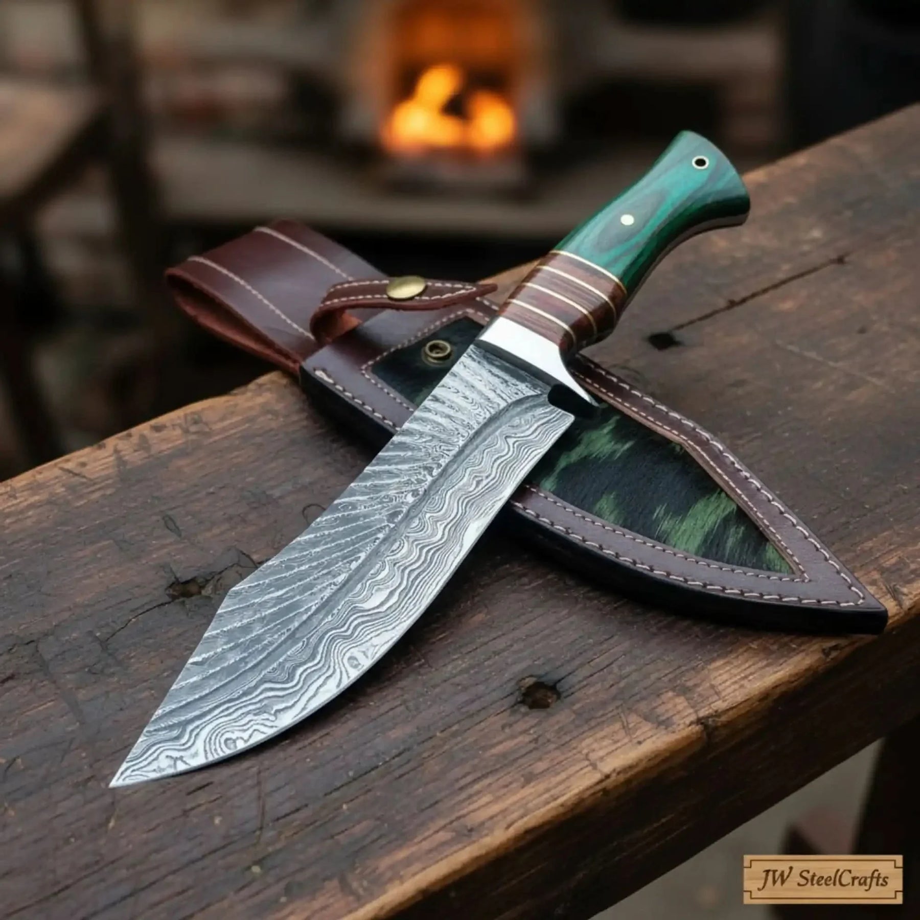 Hunting Knife Damascus Steel 7 Inch Blade Full Tang Camping Knife by JW SteelCrafts